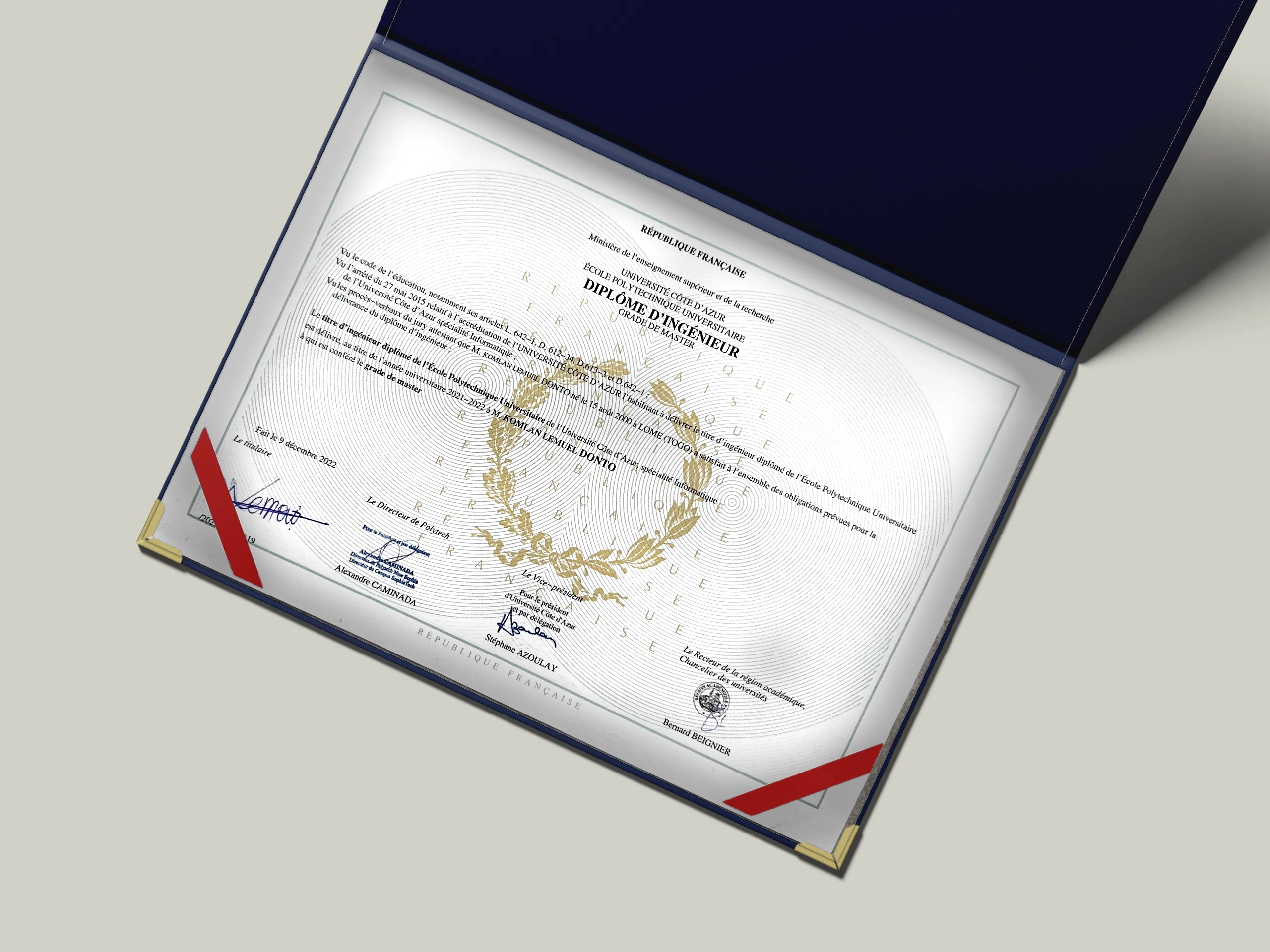 Diplôme d’ingénieur — Komlan Lemuel Donto, École Polytechnique Universitaire, Université Côte d’Azur